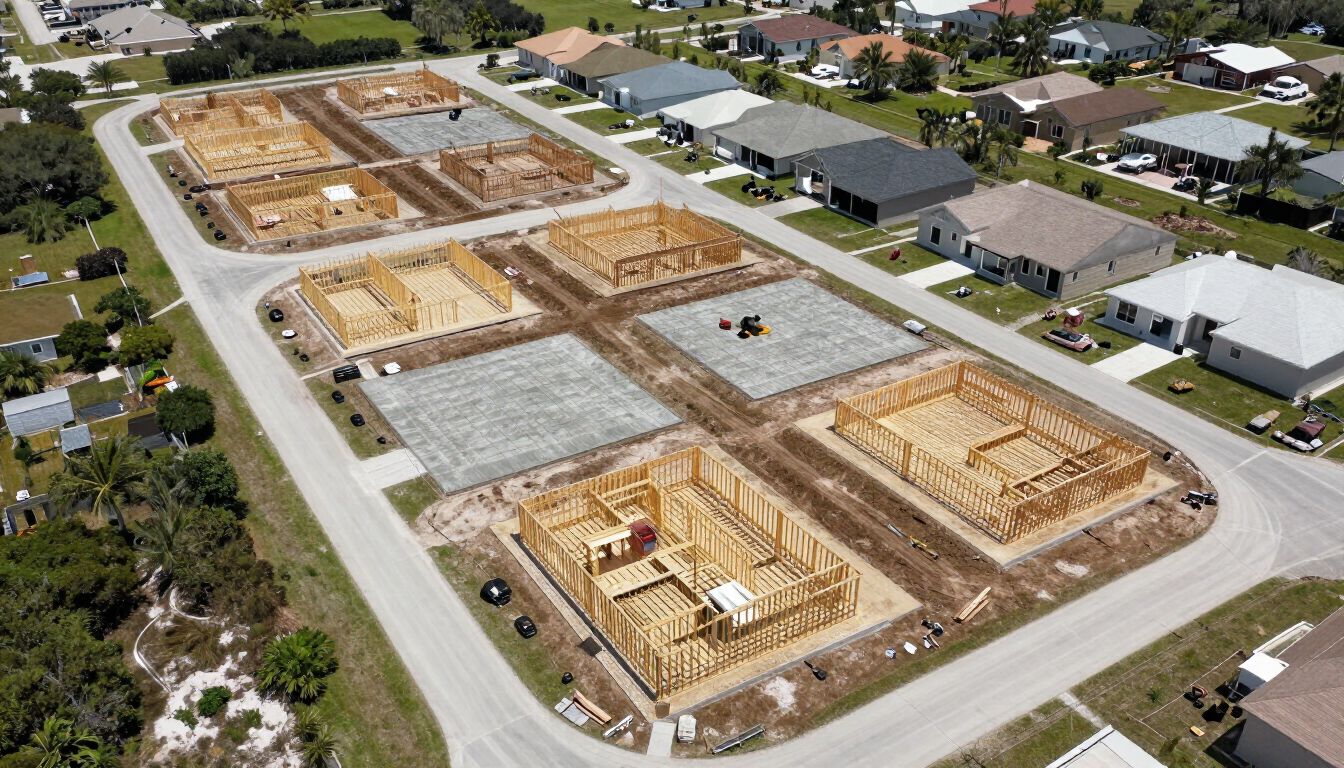 Aerial view of a housing development with multiple house foundations under construction in a suburban neighborhood