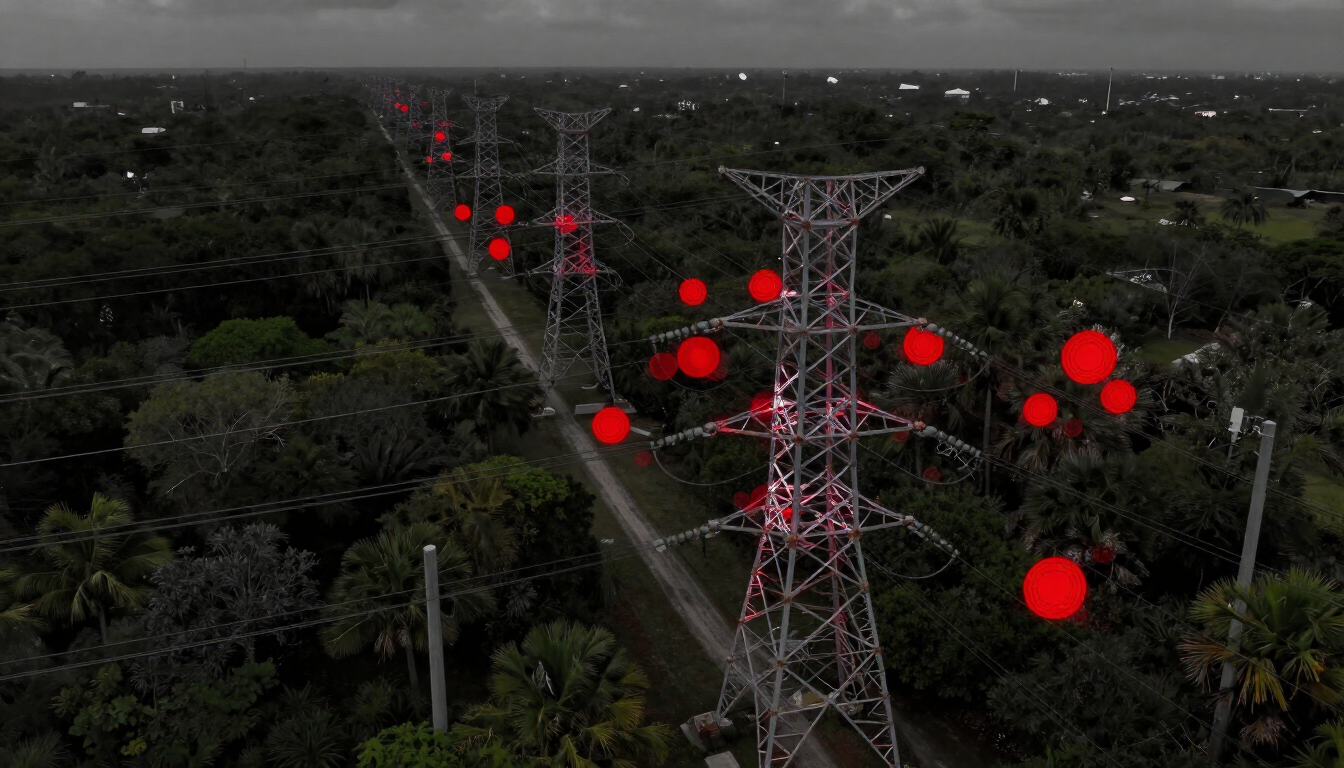 Red power transmission towers over a forested landscape at dusk with scattered red signal markers.