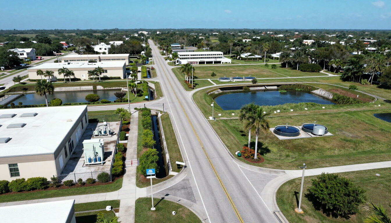 Aerial view of a suburban road beside buildings and water treatment ponds on a sunny day