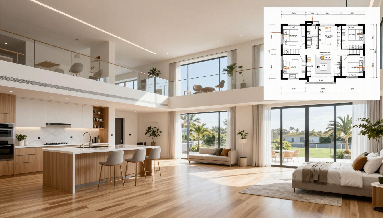Bright modern living room and kitchen with loft, large windows, wood floors, and a small floor plan inset.