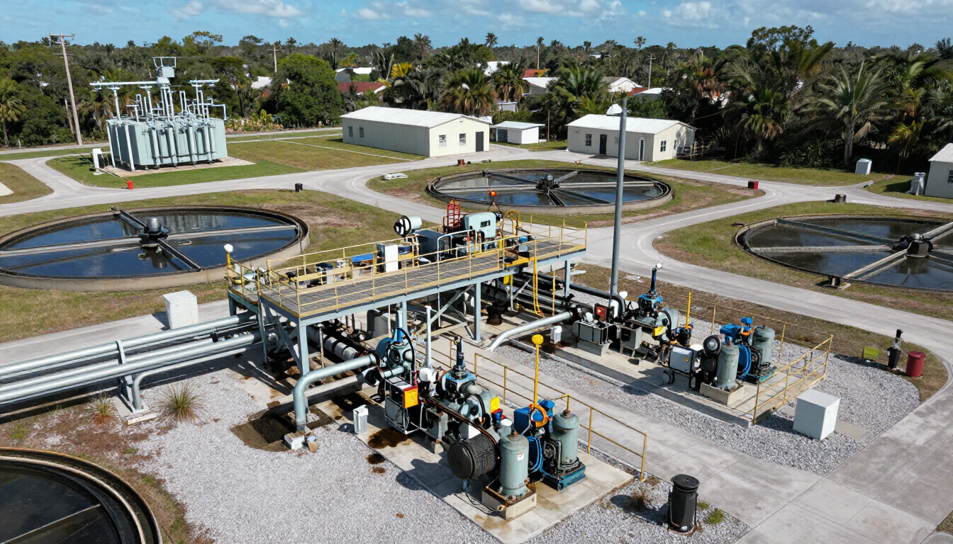 Aerial view of an industrial water treatment plant with circular tanks and workers on piping structures