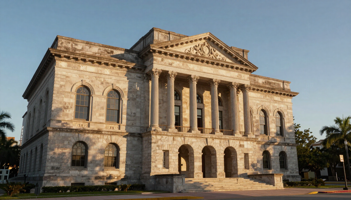 Historic stone government building with columns and ornate facade at sunset