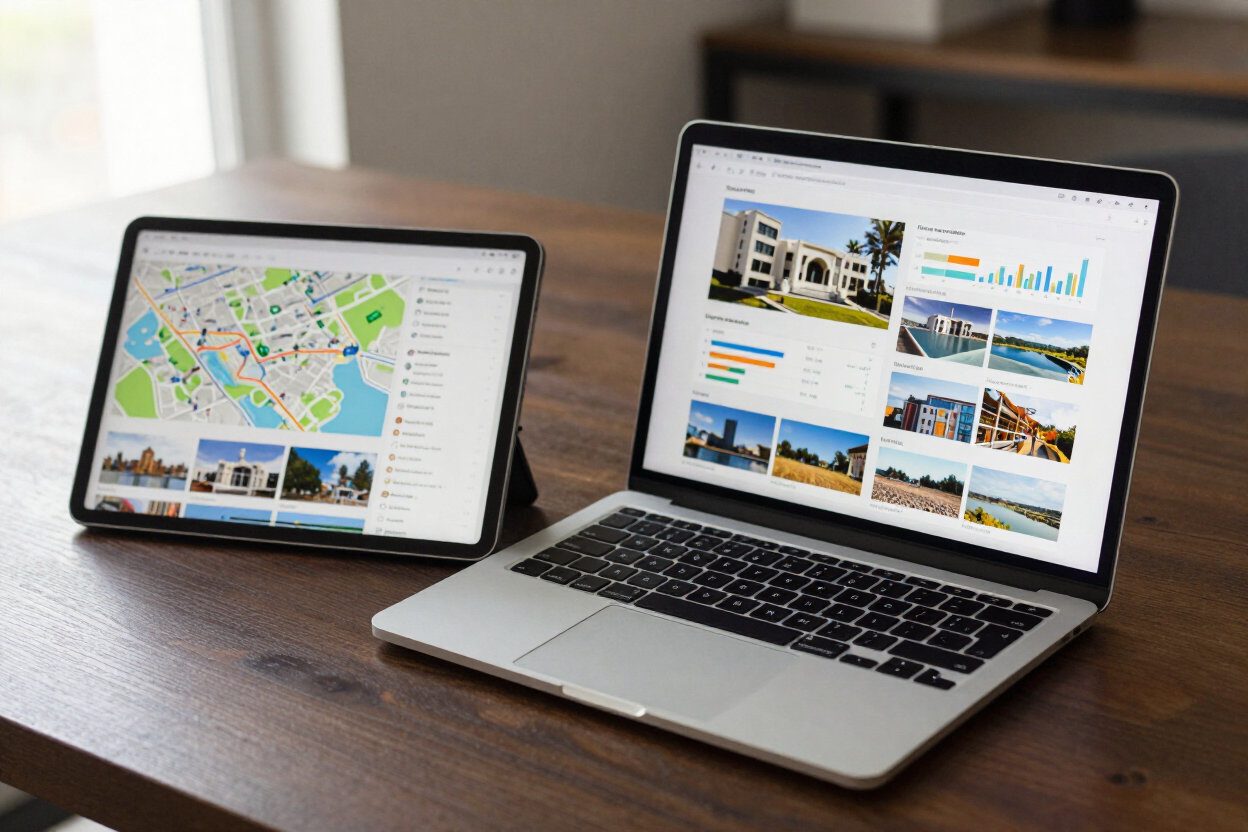 Tablet and laptop on a wooden table, both displaying travel websites and a map.