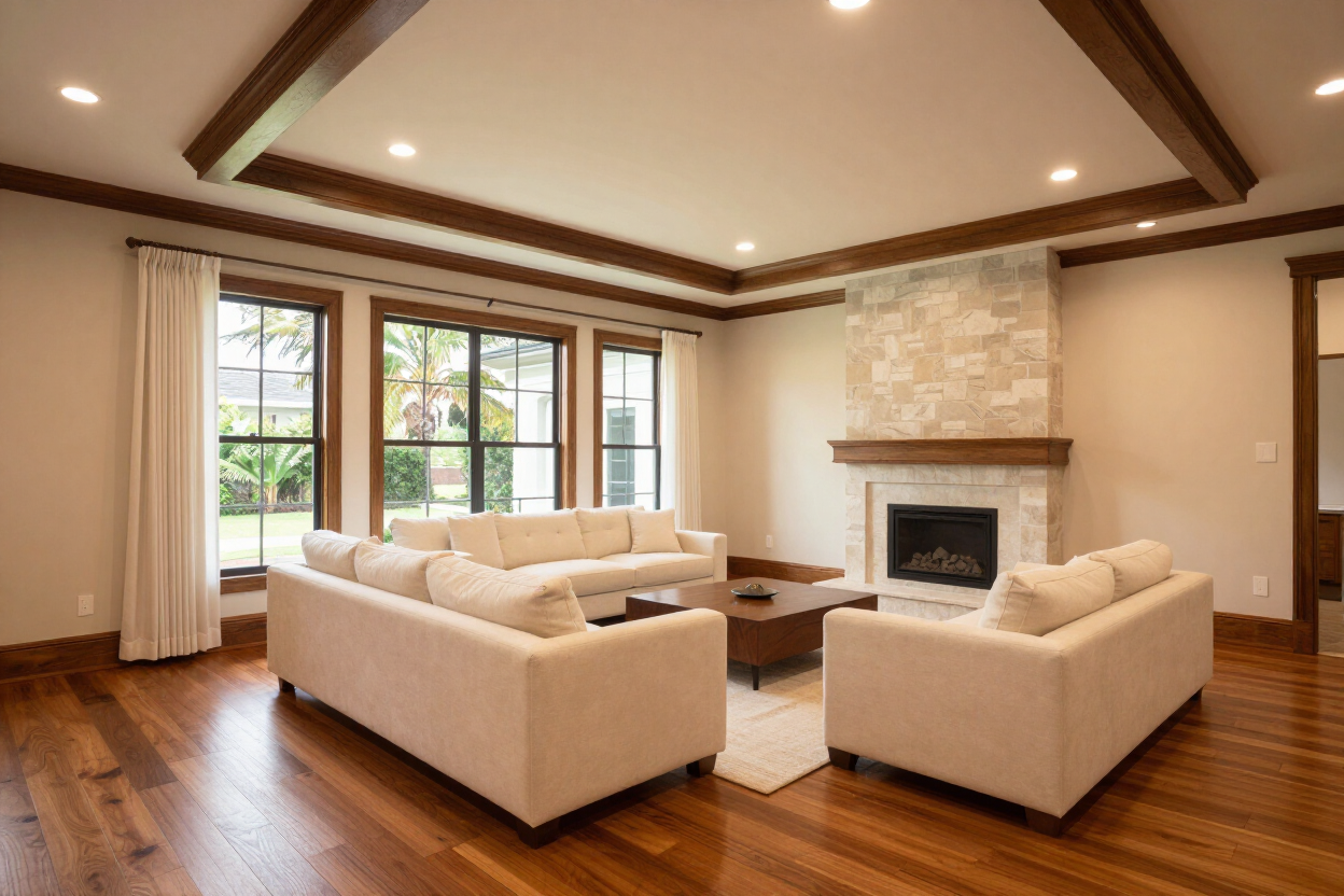 Spacious living room with beige sofas, hardwood floors, and a stone fireplace by large windows