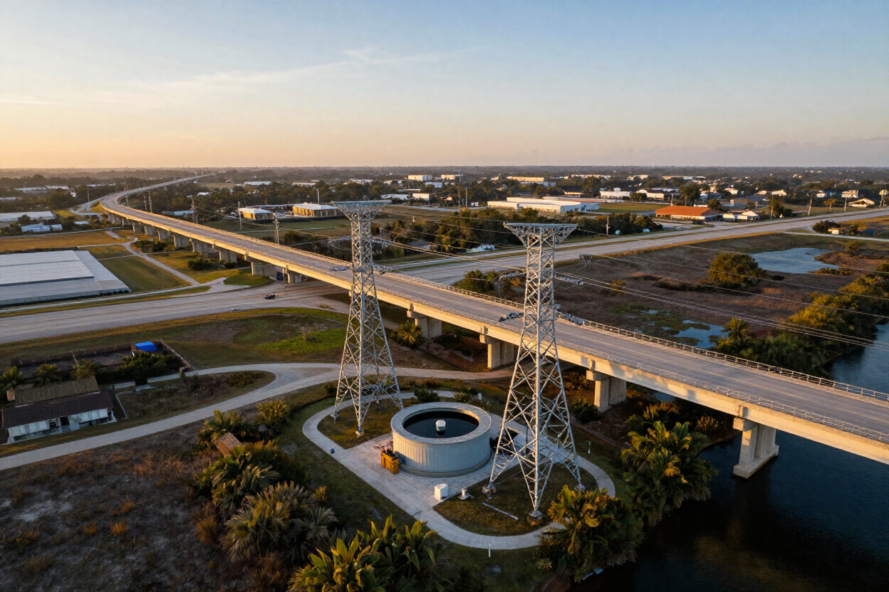 Aerial view of a highway bridge over water at sunset, with two tall transmission towers in the foreground
