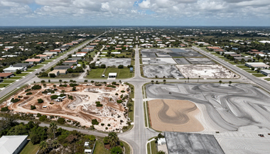 Aerial view of a suburban construction site with cleared land, roads, and nearby neighborhoods under cloudy skies