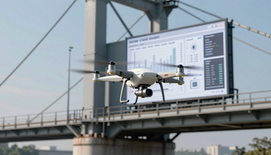 White drone flying in front of a bridge with a large data screen in the background