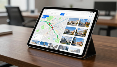 Tablet on a desk showing a map route and travel photos in a modern office setting