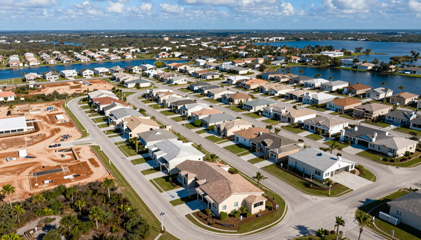 Aerial view of a suburban waterfront neighborhood with homes, roads, and canals under a blue sky