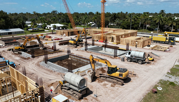 Large construction site with cranes, excavators, concrete forms, and trucks on a cleared lot