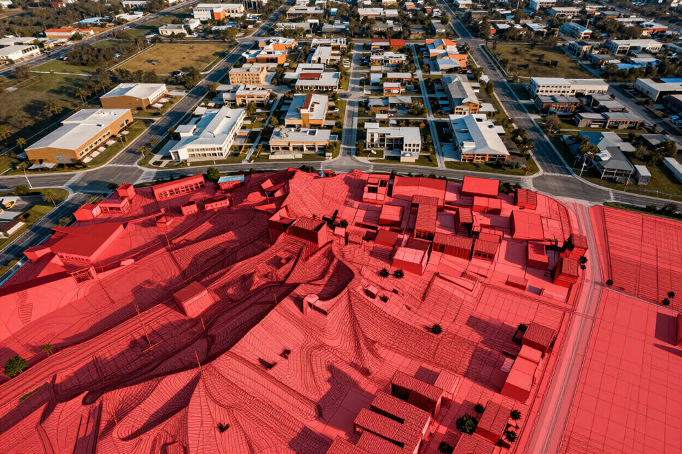 Aerial view of a neighborhood with red-roofed houses and a damaged, collapsed building in the foreground