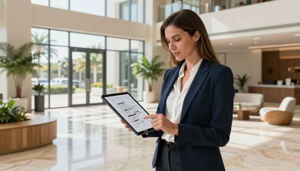 Businesswoman reviewing a tablet in a bright modern lobby