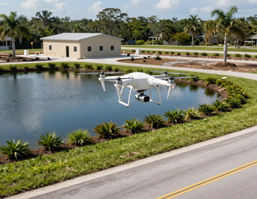 White drone hovering over a pond near a building and road in a landscaped area