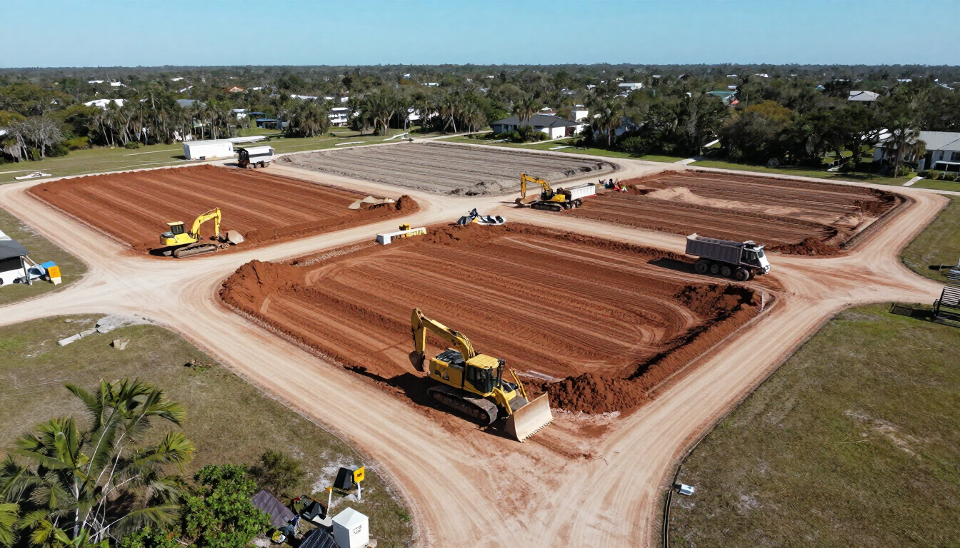 Aerial view of a large construction site with bulldozers grading red dirt lots near a suburban area