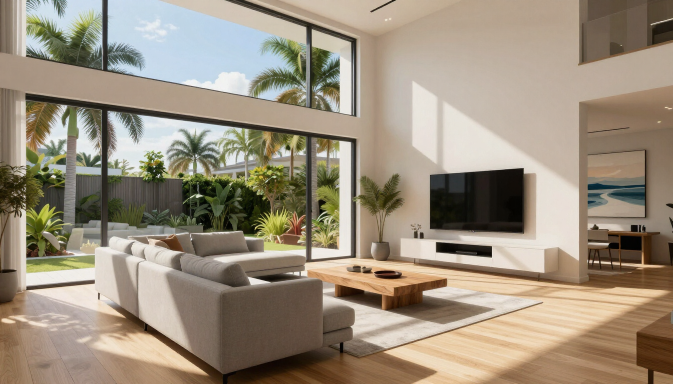 Bright modern living room with large windows, light sofa, wooden coffee table, wall-mounted TV, and tropical patio view