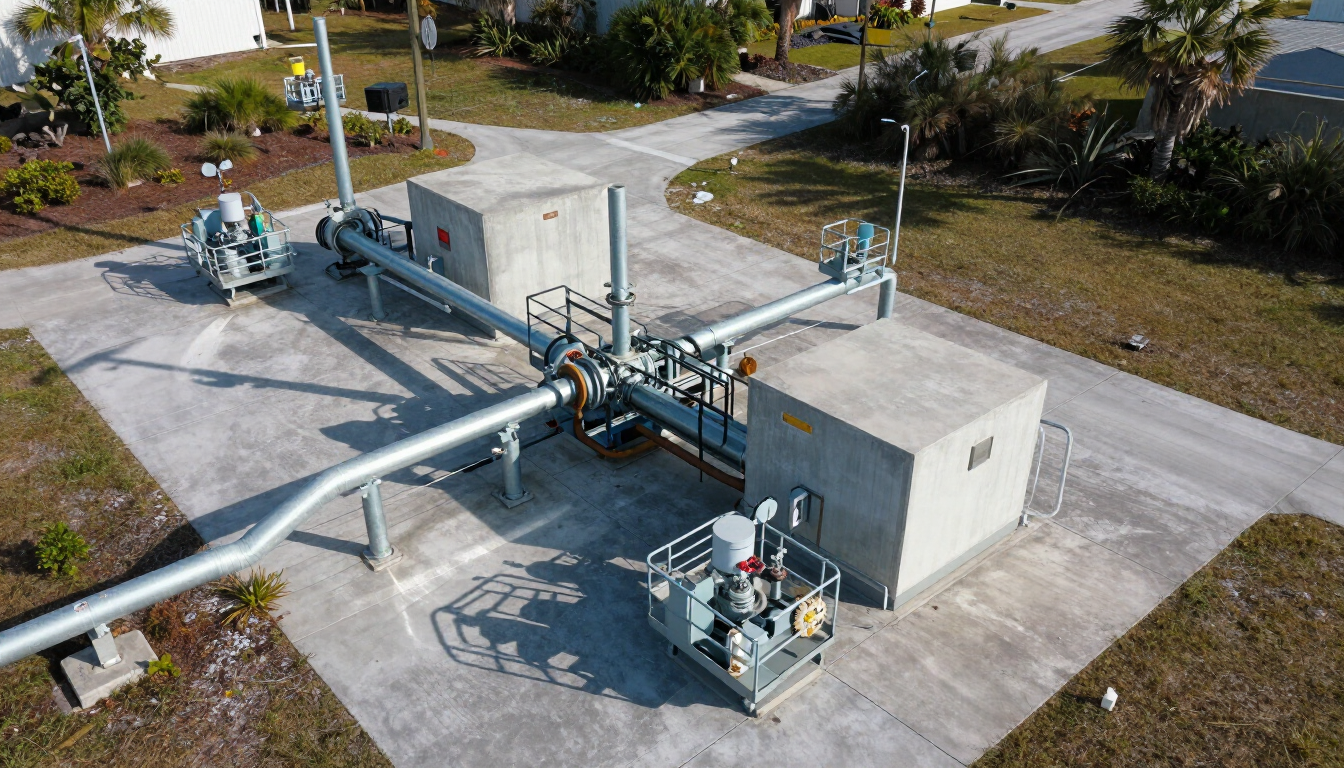 Aerial view of an industrial pump station with pipes, concrete equipment shelters, and surrounding grass.