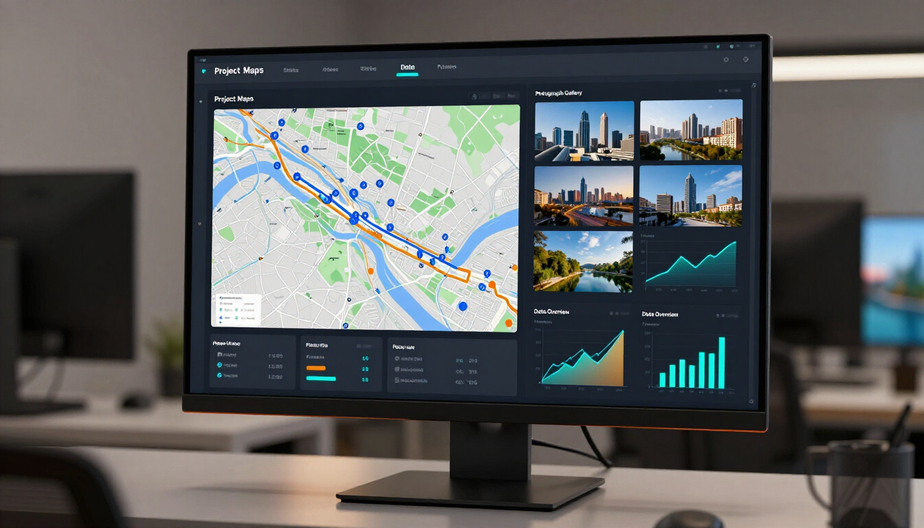 Desktop monitor showing a map dashboard with charts and city thumbnails on a modern desk.