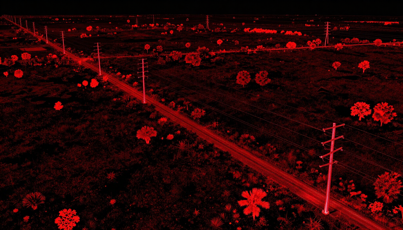 Red-lit aerial view of a road through dark fields with scattered trees and utility poles.
