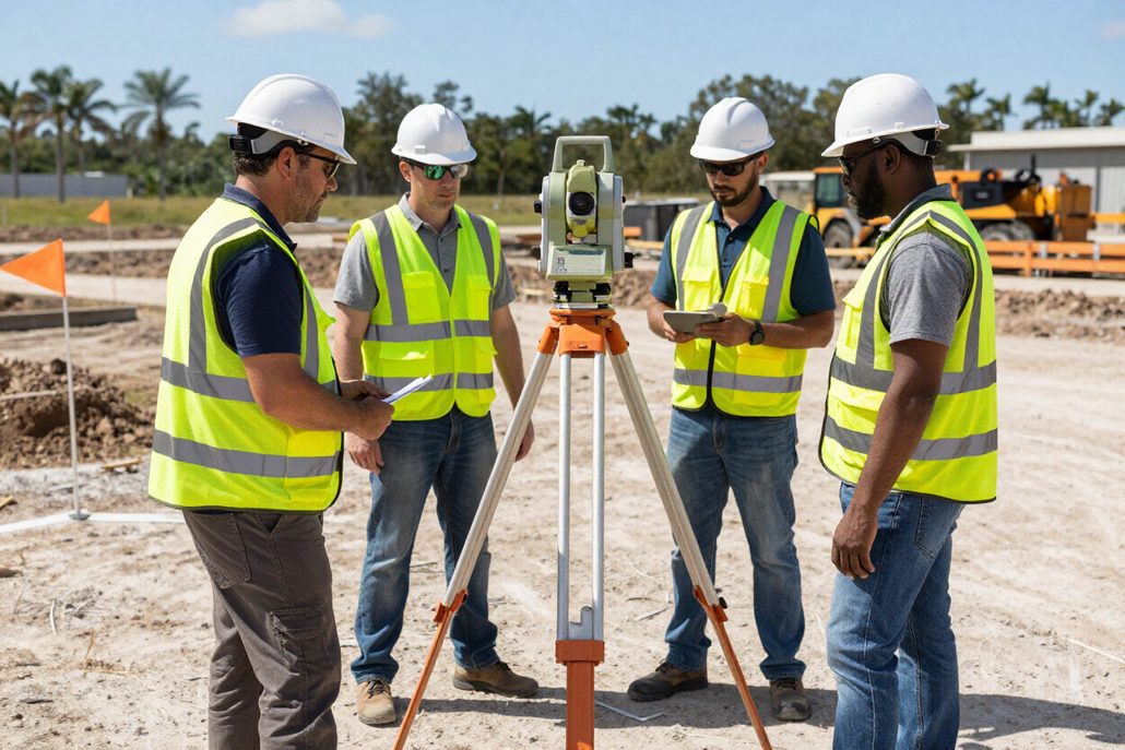 Surveyor using a tripod-mounted instrument at a construction site