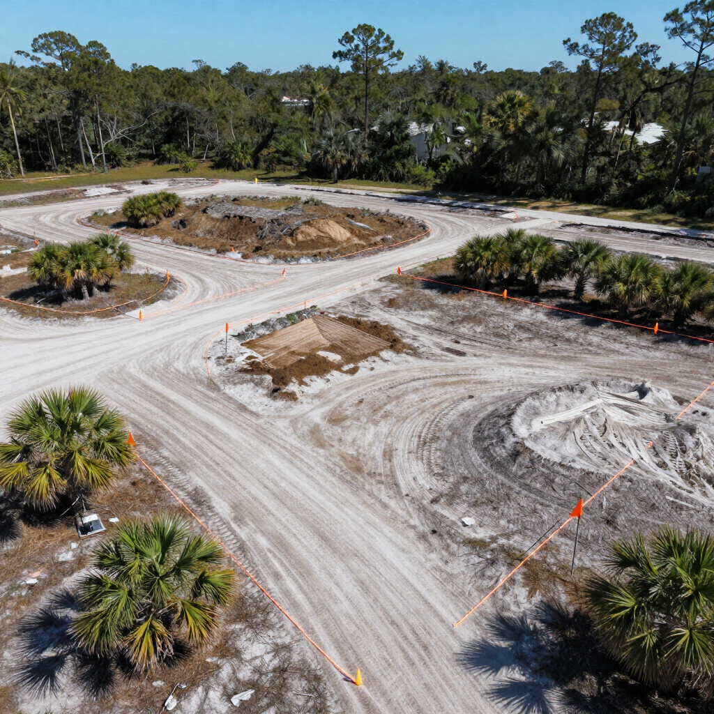 Aerial view of a sandy construction site with dirt roads and scattered palm trees near a wooded area