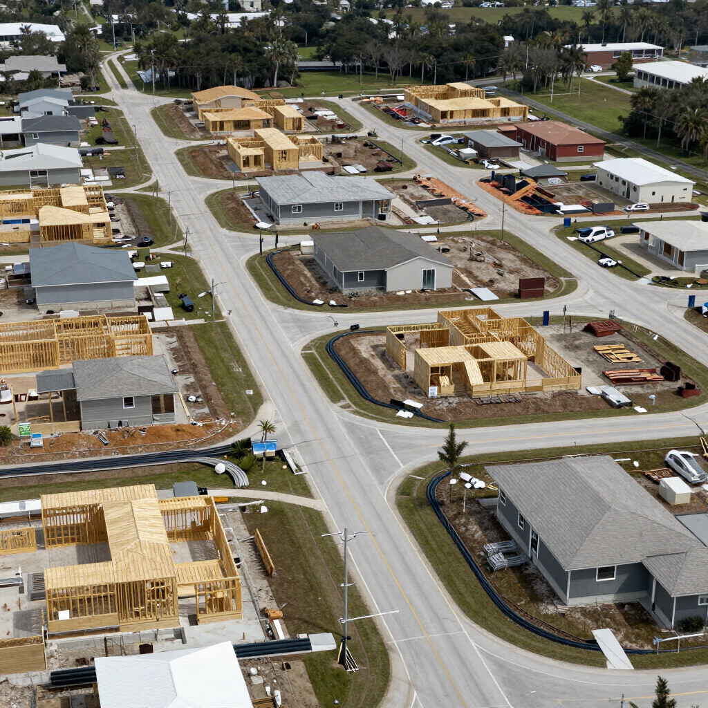 Aerial view of a suburban neighborhood under construction, with multiple houses, roads, and parked vehicles.
