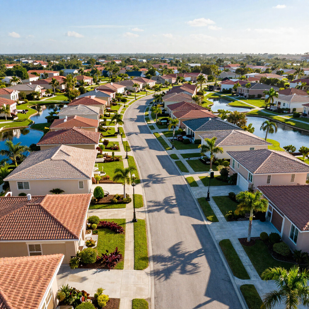 Aerial view of a suburban neighborhood with rows of tiled-roof houses and a curved street.