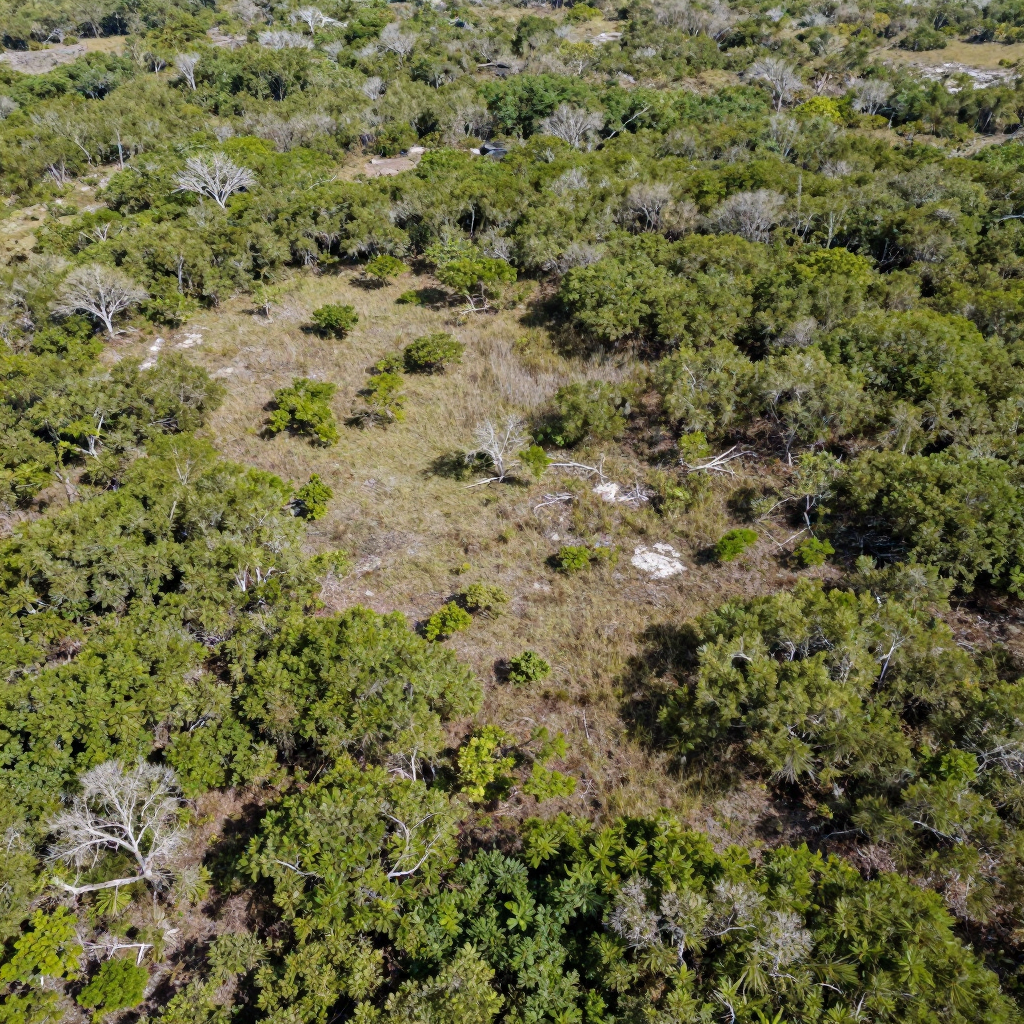Aerial view of dense green shrubland with scattered dry patches and white rocks