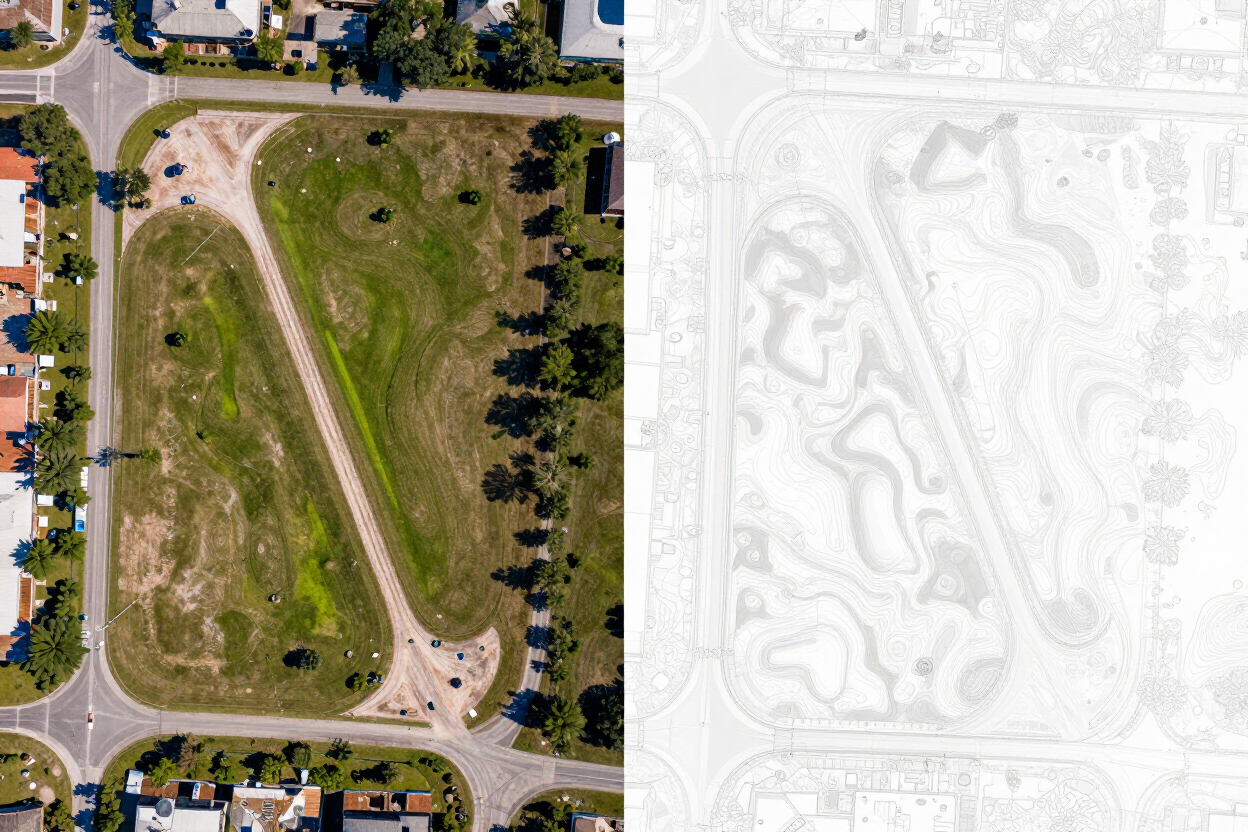 Aerial view of a grassy vacant lot bordered by roads, trees, and suburban houses