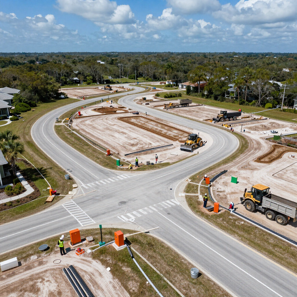 Aerial view of a road construction site with curving new pavement, heavy equipment, and traffic cones