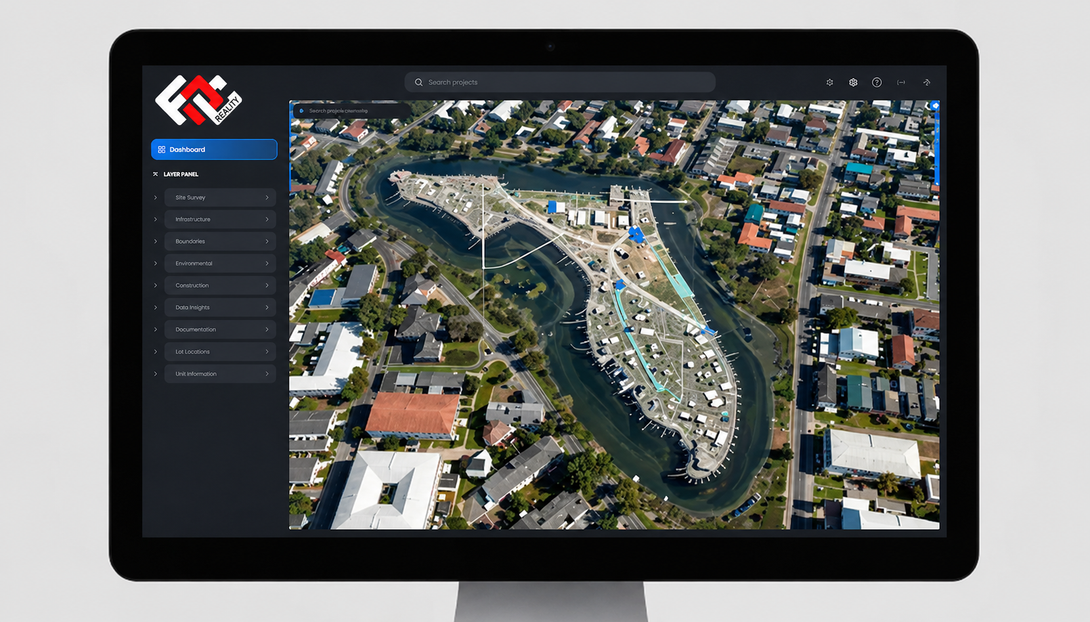 Computer monitor displaying an aerial map of a riverfront town and fields with a dark sidebar interface