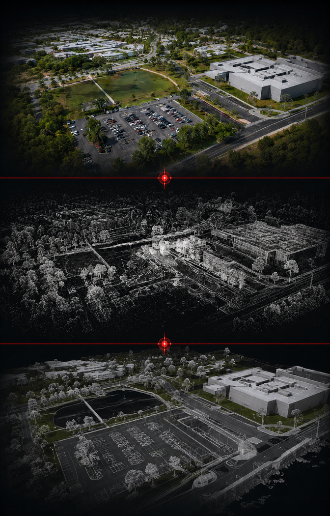 Three-panel aerial view of a campus site, showing color, grayscale, and wireframe/scan renderings.