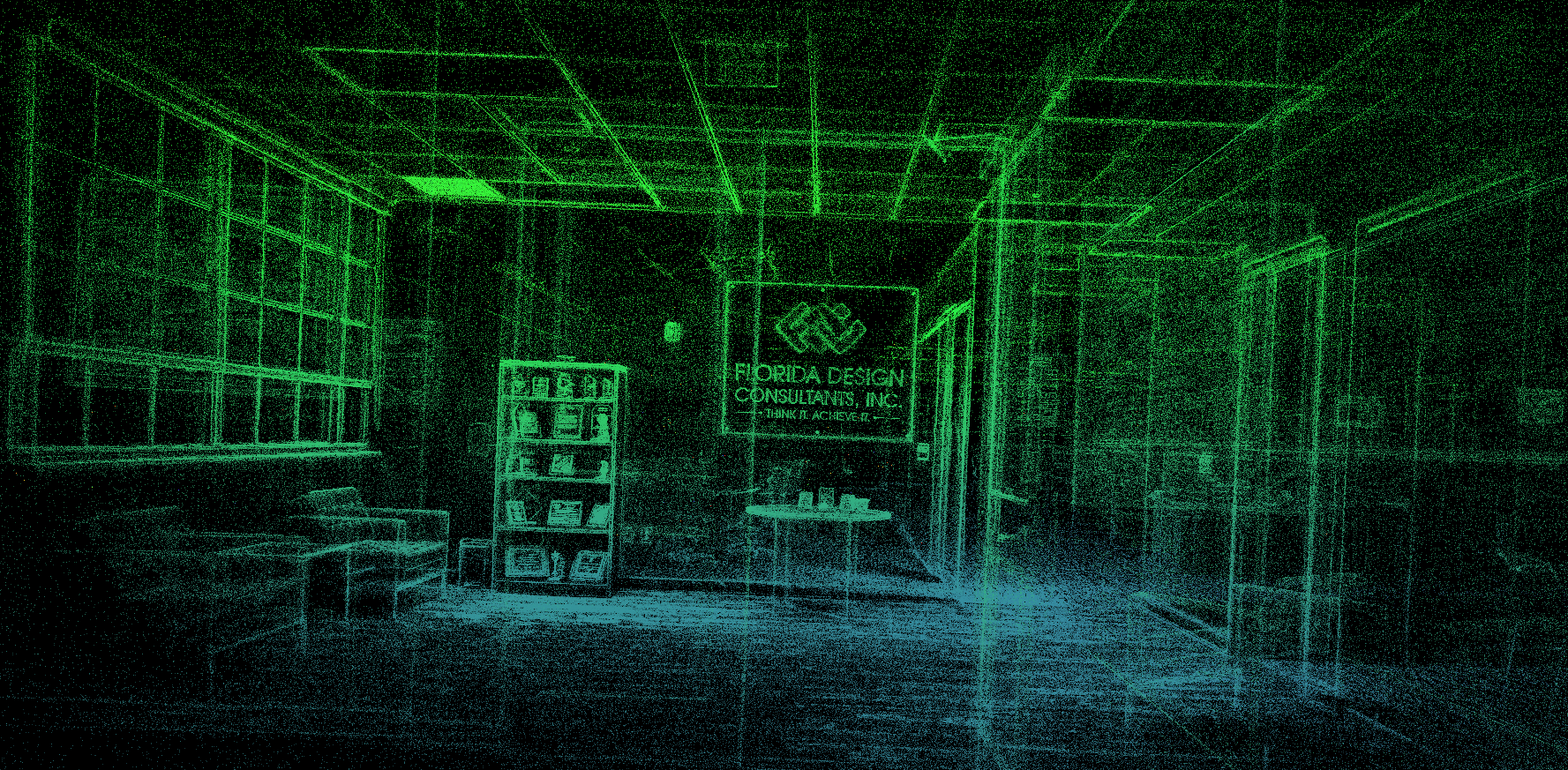 Abstract green and blue wireframe of a room interior, resembling a digital floor plan or 3D scan