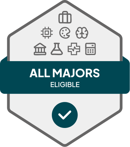 Badge with blue banner: 