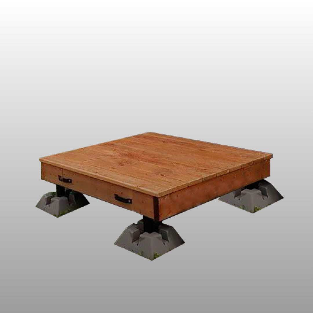 Plateforme en bois à plateau marron, soutenue par quatre blocs de base gris.
