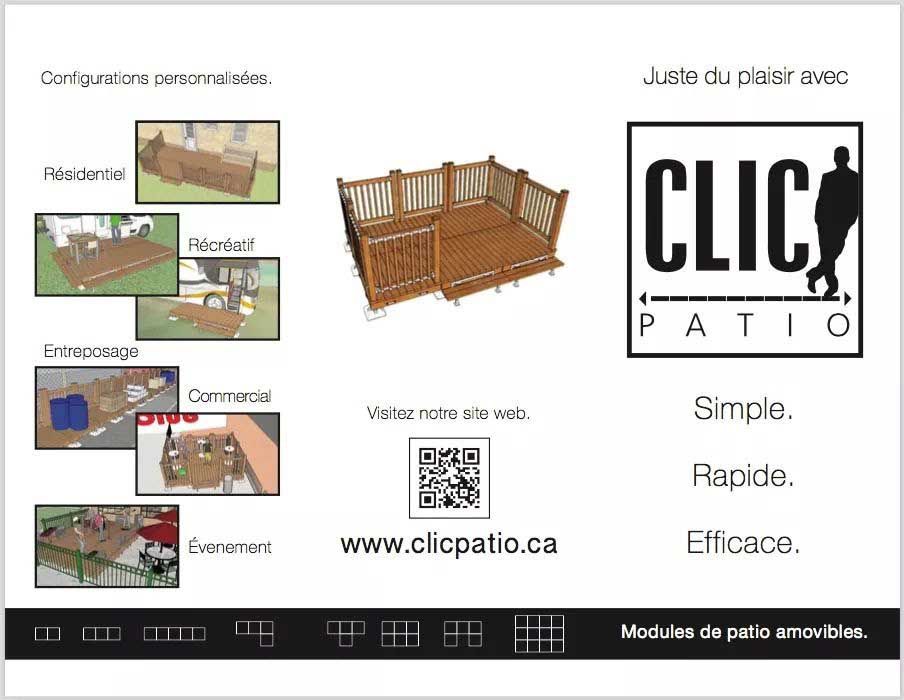 Brochure présentant les différentes configurations de patio, avec une maquette 3D centrale et le logo « CLIC PATIO ».