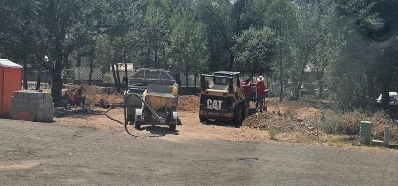 Yellow auto rickshaw and CAT loader on a dusty roadside with trees in the background