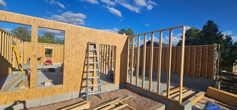 Partially framed house under construction with plywood walls, window openings, and a ladder in sunlight