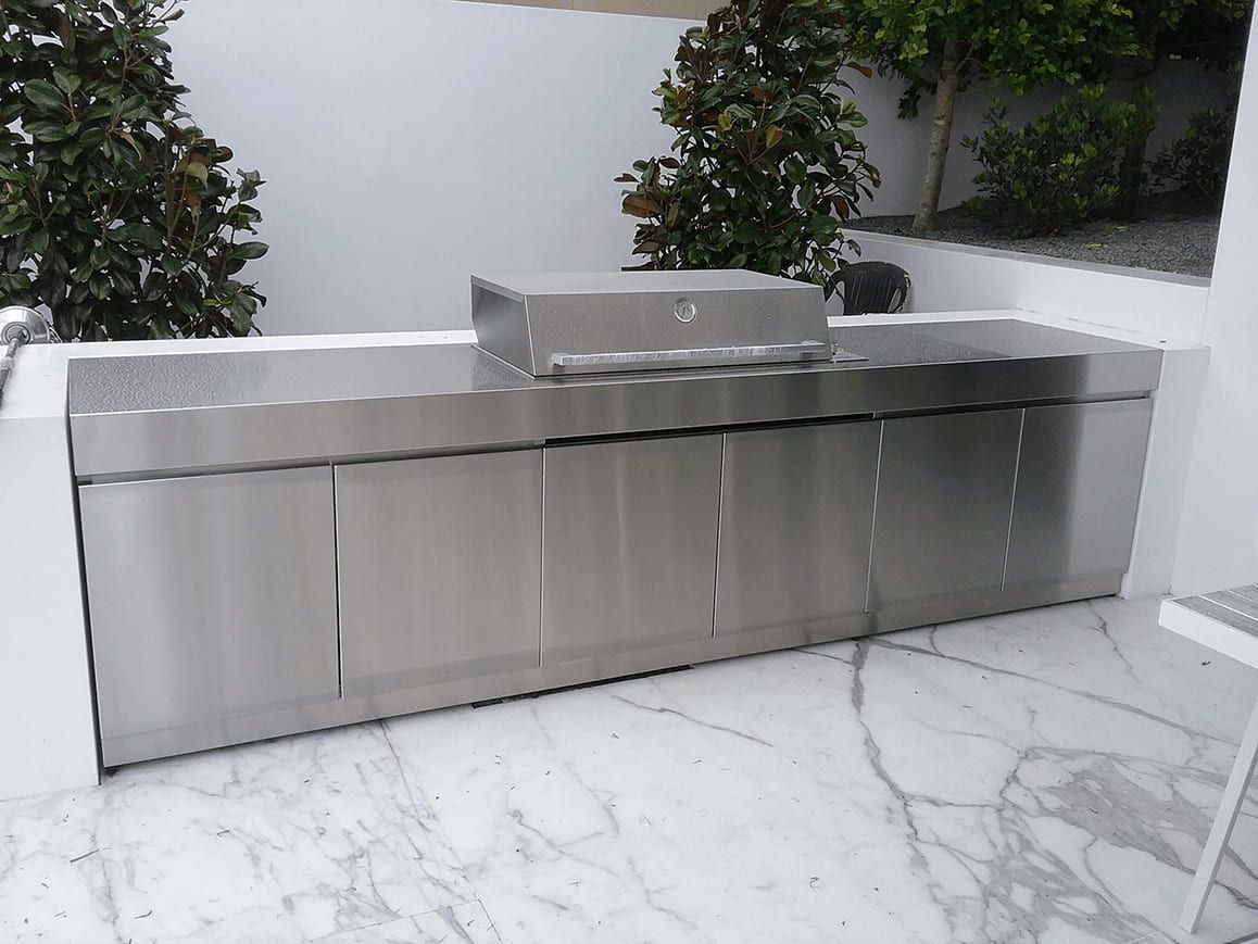 Stainless Steel Outdoor Kitchen With Grill and Cabinets — Highlander Metals in Kirrawee, NSW