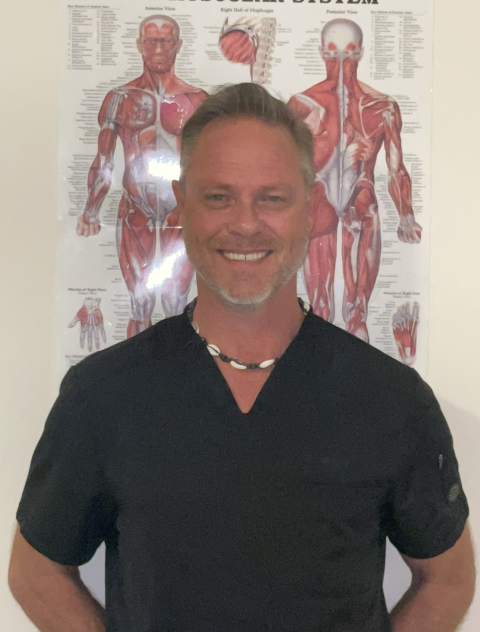 The therapist standing in front of an anatomy poster of the muscles.