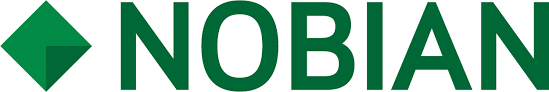 Nobian-logo met groen geometrisch pictogram en groen woordmerk op een witte achtergrond