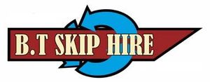 A logo for b.t skip hire with a blue arrow.