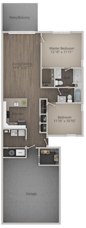 Floor plan of a residence with a patio, kitchen, living area, two bedrooms, and a bathroom.