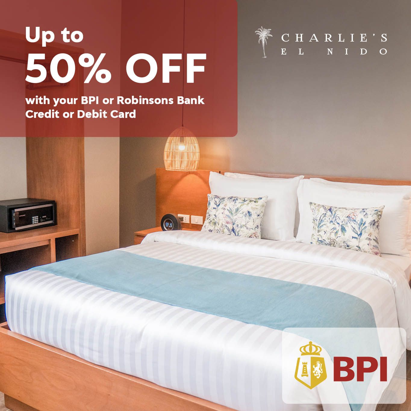 BPI and PNB credit card holders up to 50 % off and other promotions and deals at Charlie's El Nido 