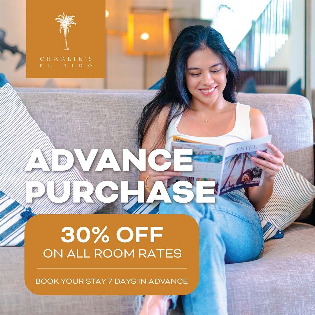 Woman reading at the lobby; hotel offer: 30% off room rates when booking 7 days in advance.