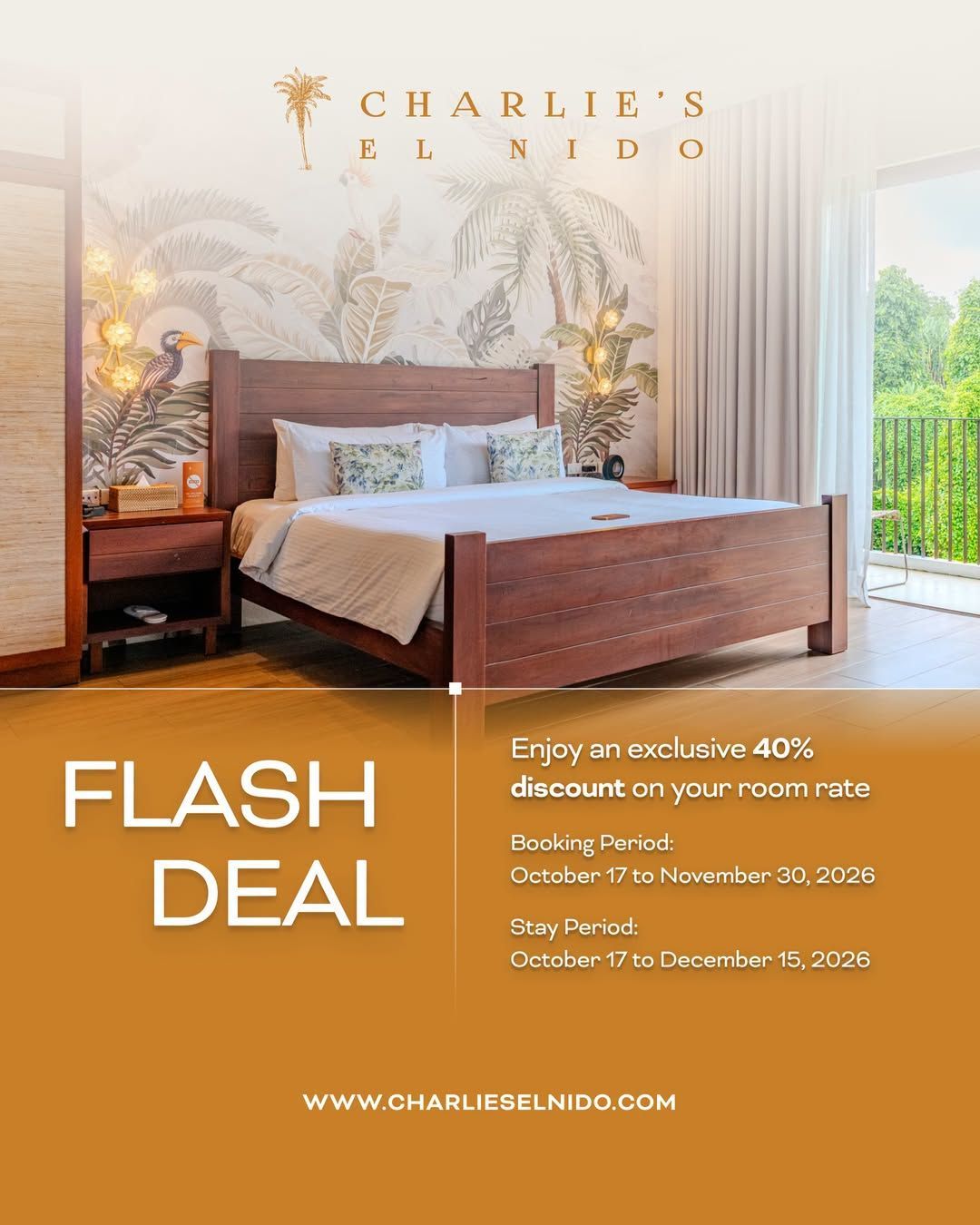 Hotel bedroom promo with “FLASH DEAL” text and a 40% room-rate discount offer