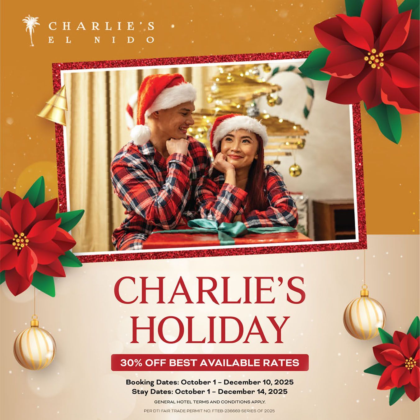 Couple in Santa hats, plaid shirts. Charlie's Holiday advertisement with 30% off, red and gold accents, and poinsettias.