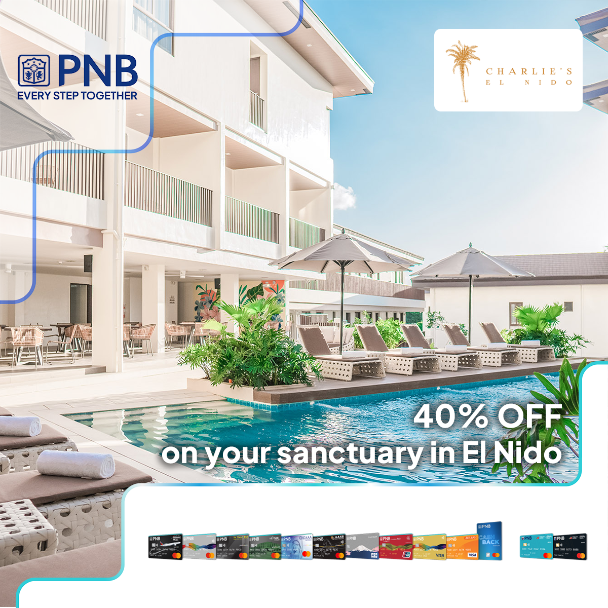 PNB cardholders save up to 60% at Charlie's El Nido. Discounted accommodations for PNB credit, debit, prepaid cards.  