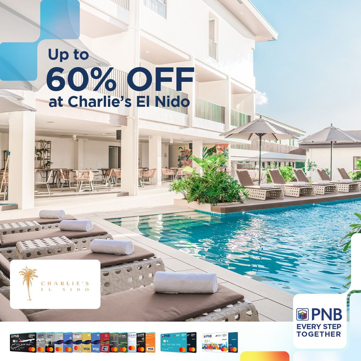 PNB cardholders save up to 60% at Charlie's El Nido. Discounted accommodations for PNB credit, debit, prepaid cards.