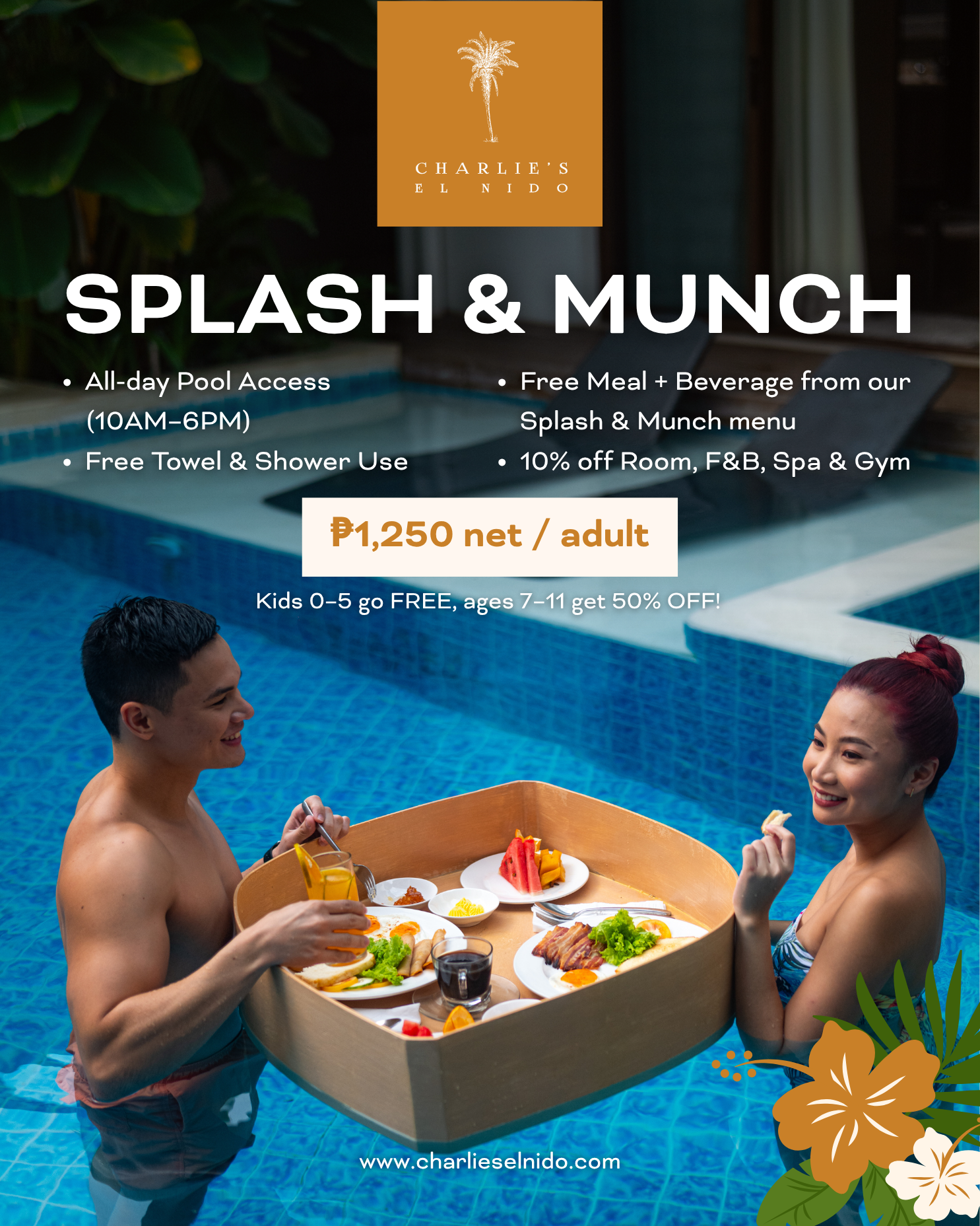 Swim and dine promotion: woman at pool, burger