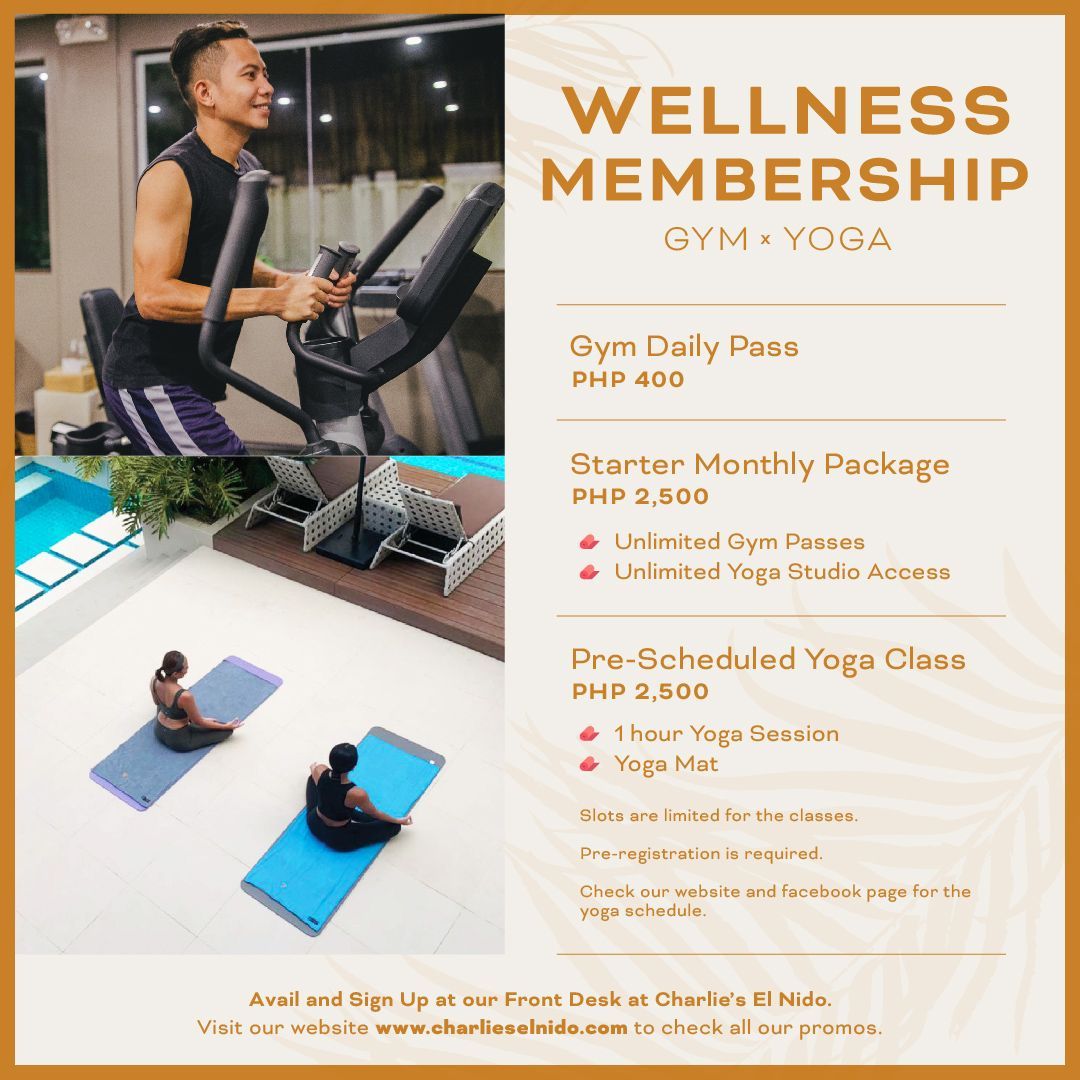Wellness membership ad: gym user, yoga by pool, price list for daily passes and packages.